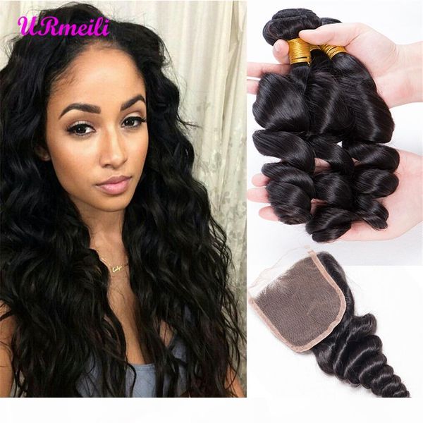 

loose weave bundles with lace closure 10a grade brazilian virgin hair loose wave 3 bundles with closure human hair bundles with closure, Black;brown