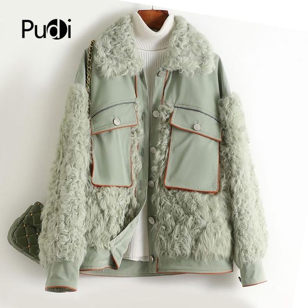 

pudi women real sheepskin with fur coat jacket lady female fashion winter warm over size natural sheep fur coats parka a40170, Black