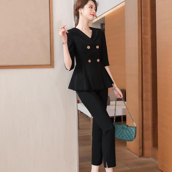 

2021 spring women's pants suit pink blue double breasted blazer +trouser bussiness jacket office lady 2 pieces set plus size 4xl, White