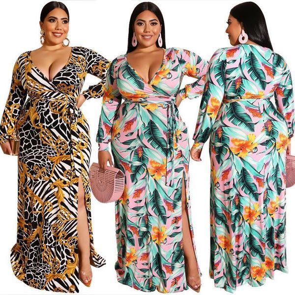 

autumn women's fashion printed dress lacing tight-fitting bag hips deep v-neck long sleeve hem split-fork dress plus size, Black;gray