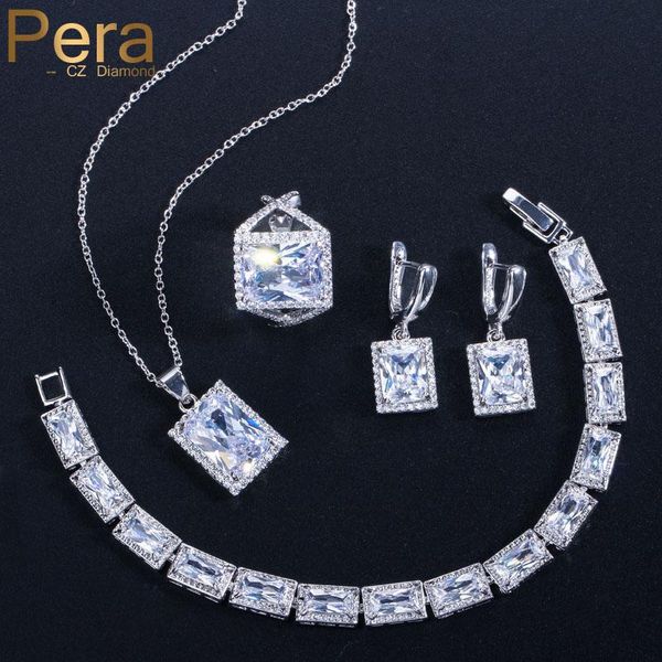

pera fashion anniversary party jewelry big square shape cubic zirconia pendant necklace earring bracelet ring set for women j122, Silver