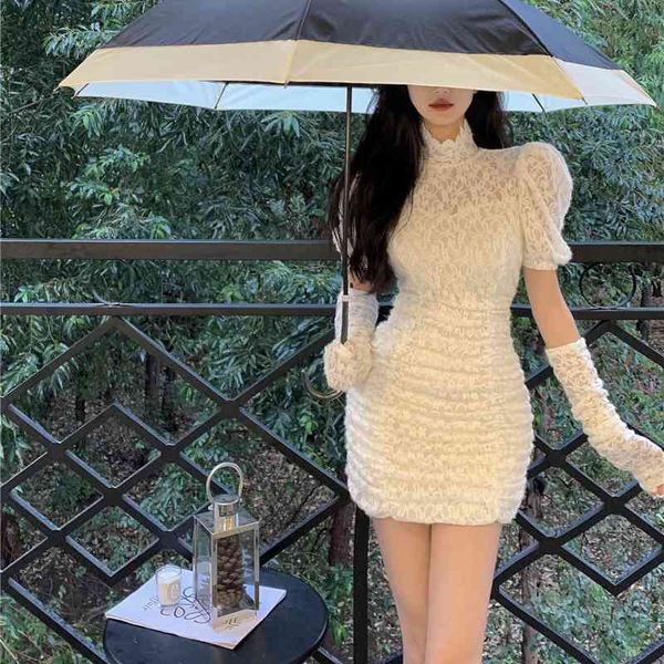 

elegant lace dress vintage ins fashion spring solid high neck puff sleeve slim fit sleeve fold female dresses, Black;gray