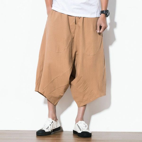 

plus size m-5xl chinese haren men pants linen baggy pants mens vintage calf-length wide leg hiphop1, Black
