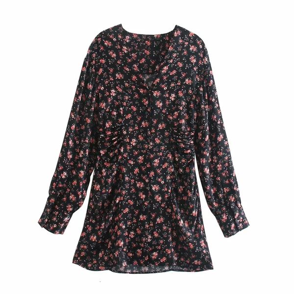 

2021 new black printed mini women vintage v neck long sleeve waist pleated dress woman button up casual ladies dresses 0ggl, Black;gray