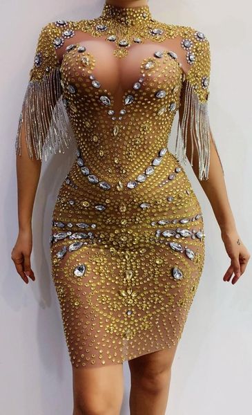 

stage wear short sleeves fringe gold rhinestones transparent dress women dancer prom bar birthday celebrate outfit, Black;red