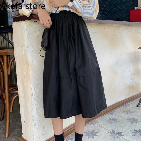 

skirts women a-line tunic elastic waist ruffles pleated skirt simple all-match daily pure fresh harajuku cute loose, Black