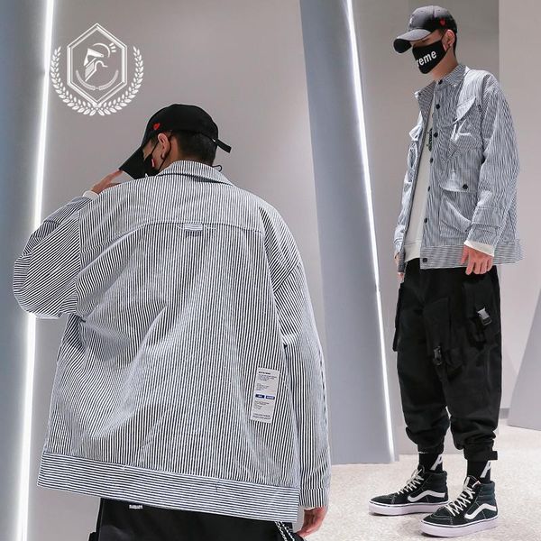 

men's jackets men fashion loose stripe print safari style jacket casual pockets patchwork hip hop coat, Black;brown