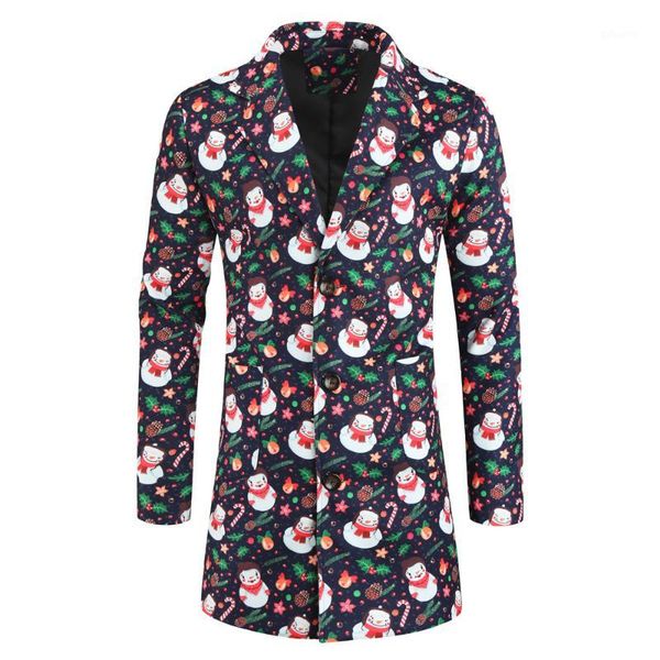 

new design single breasted lapel-neck men's suit blazer long sleeve snowman pattern print blazer men's mid-length coat1, White;black