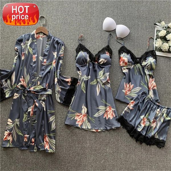 

new summer women sleepwear 4pcs sets pajamas night gowns print silk long sleeve home sleepwear clothing with chest pads #li3f, Black;white