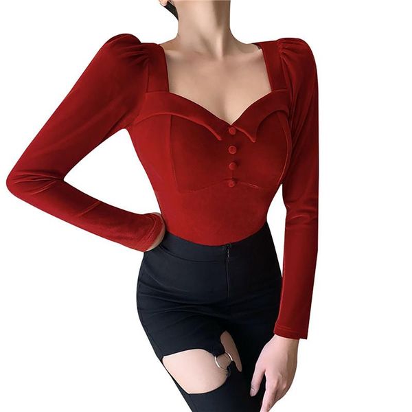 

women's t-shirt fashion velvet long puff sleeve v neck button front solid color stretchy vintage slim woman, White