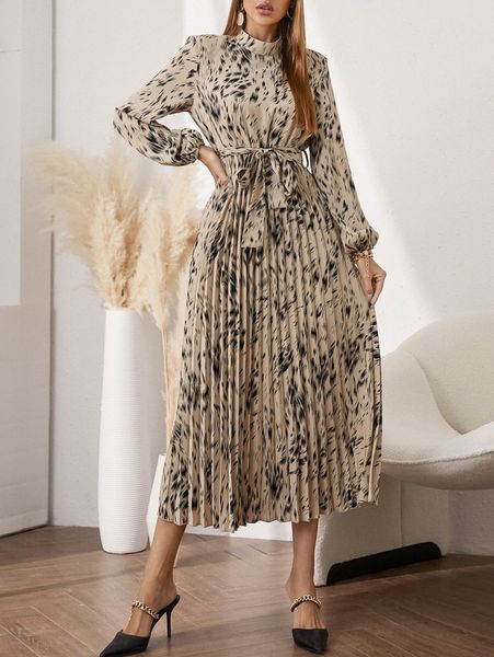 

allover print lantern sleeve belted dress y7xv#, Black;gray