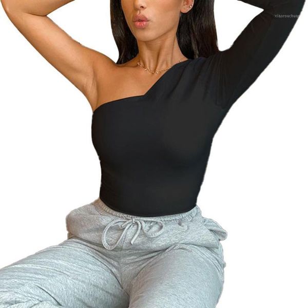 

women one shoulder long sleeves, short navel irregular design simple solid color spring clothing1, White