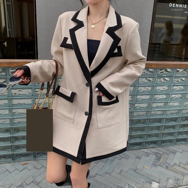 

new fashion blazer jacket women casual pockets long sleeve work suit coat office lady black edge loose blazers1, White;black