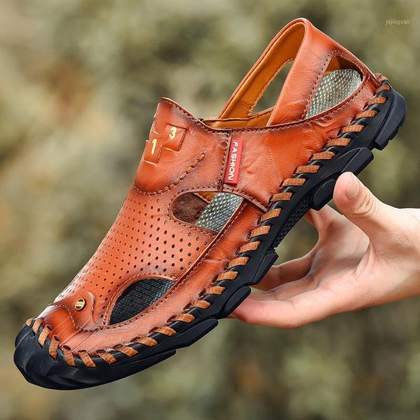 

plus size mens casual summer sandals genuine leather beach shoes cover toe outdoors cool sandal chaussure homme sandales zapatos1, Black