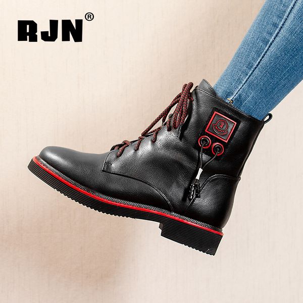 

rjn шерсть женщины зимняя буксировка смешанный цвет уникальный дизайн комфорт круглый носок с низким каблуком натуральные кожаные ботинки же, Black