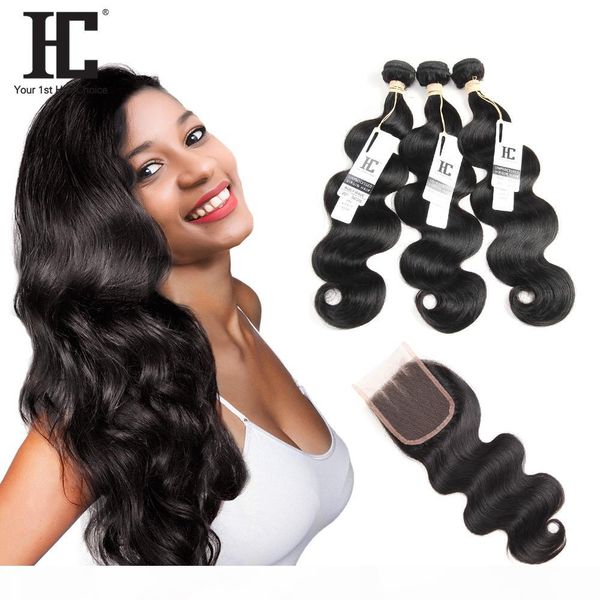 

hc hair brazilian virgin hair with closure 3 bundles brazilian peruvian malaysian indian human hair weave body wave with lace closure, Black;brown