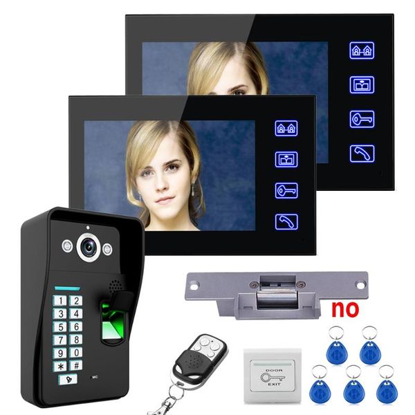 

video door phones 7" tft 2 monitors fingerprint recognition phone intercom system kit + electric strike lock+ wireless remote control