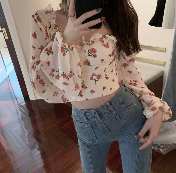 

chiffon printed shirt female summer 2020 new small waist on bare short long-sleeved top, White
