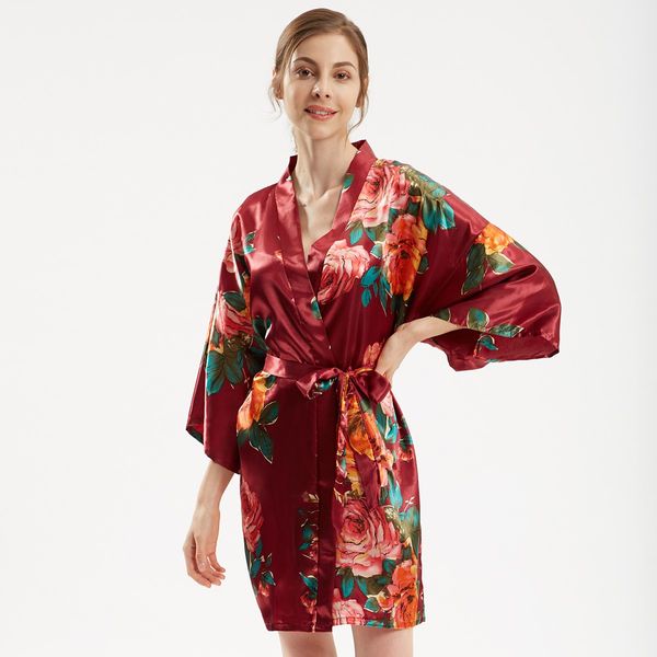 

2021 new bride bridesmaid wedding robe satin women sleepwear print flower nightwear oversize kimono gown silky intimate lingerie, Black;red