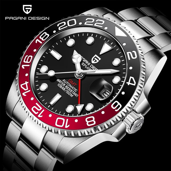 

pagani design brand sapphire gmt watch stainless steel men automatic watch waterproof sports mechanical watch reloj hombre 201113, Slivery;brown