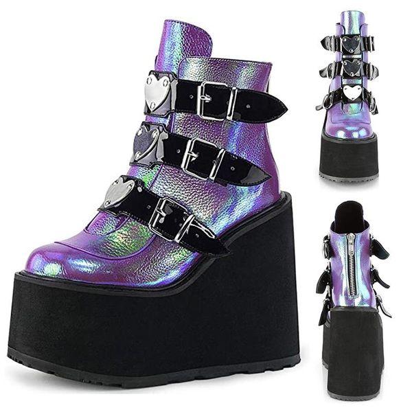 

2020 winter metal buckle ankel boots women punk female platform boots wedges high heels pu women botas mujer plus size, Black