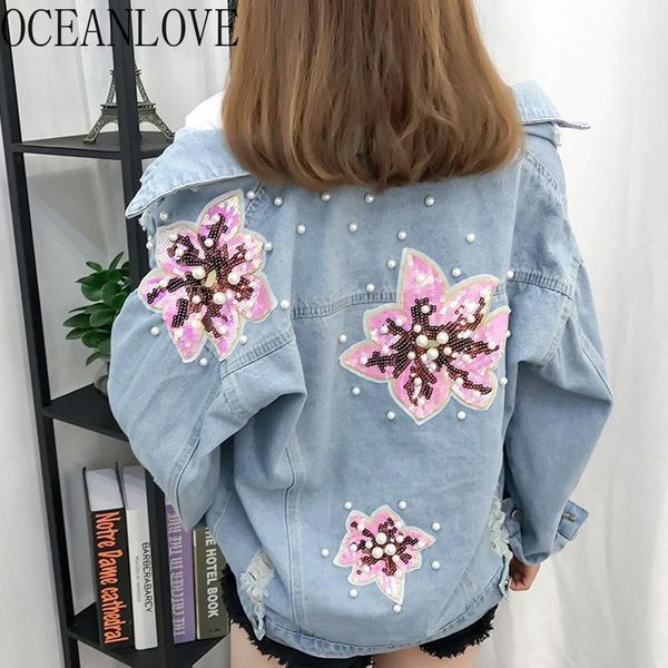 

oceanlove korean women jacket beading beading sequined holes denim outwear autumn streetwear fashion button chaqueta mujer 127281, Black;brown
