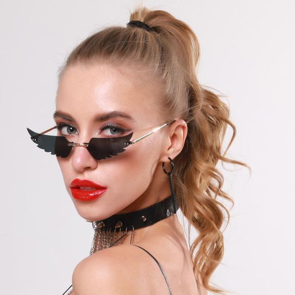 

sunglasses 2021 angel wing lens women men cat eye rimless sun glasses metal shades fashion cateye eyewear uv400, White;black