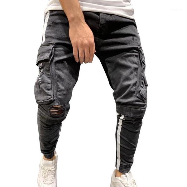 

men's jeans for men fashion ripped frayed denim pants casual skinny leg slim fit trousers pockets1, Blue
