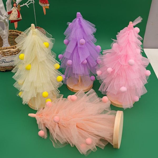 

zz- mini christmas tree pleated mesh yarn wooden ornaments dreamy crafts kids room home decoration