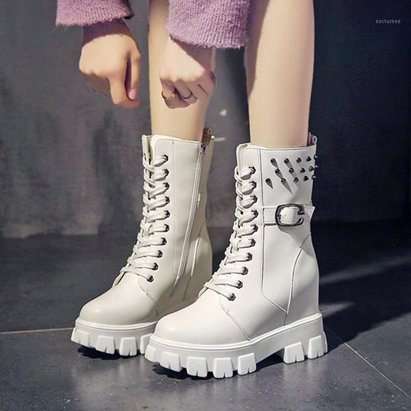 

women's autumn boots fashion rivet mid-calf boots for woman autumn shoes hidden heels ladies shoes white black women shoe1