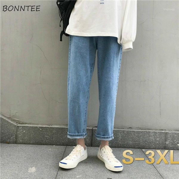 

men jeans summer ankle-length korean-style loose fashion students all-match wide-leg straight leisure washed denim trousers chic1, Blue
