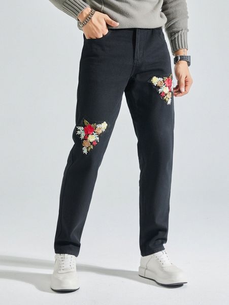 

men floral embroidery slant pocket jeans p3y9#, Blue