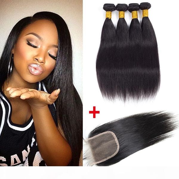 

brazilian straight human hair wefts 4 bundles with closure peruvian malaysian hair weave bundles unprocessed remy human hair deals, Black;brown