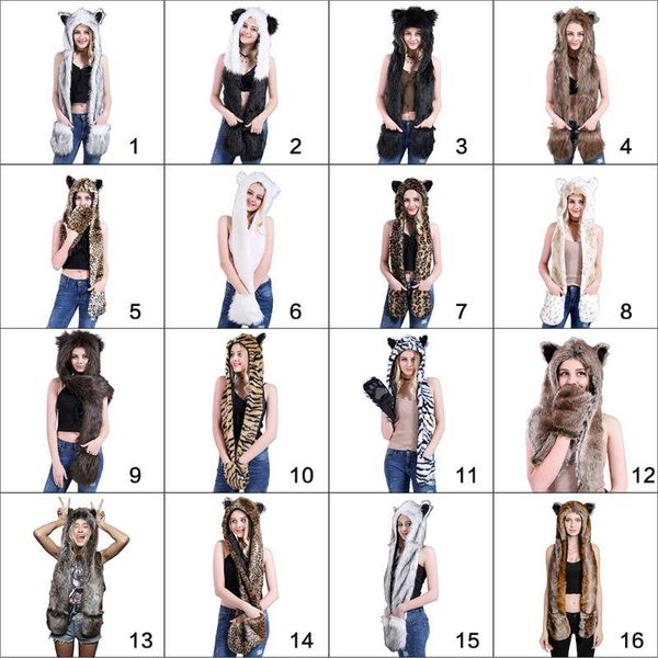 

3 in 1 women men fluffy plush animal wolf leopard hood scarf hat with paws mittens gloves thicken winter warm earflap bomber cap