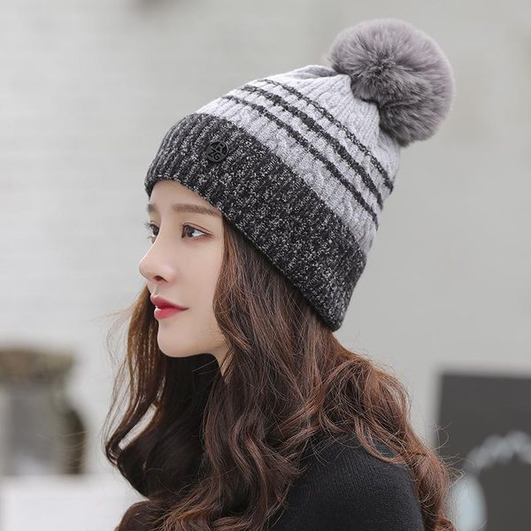 

beanie/skull caps 2021 women's hat winter knitted wool beanie warm and thickened windproof autumn cap lovely big pompom designer bonnet, Blue;gray