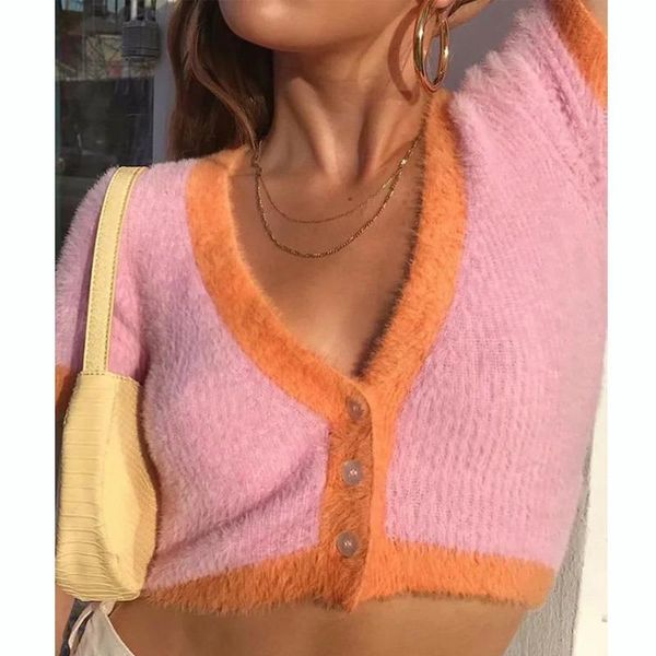 

new 2021 korean pink cropped cardigan crop womens knitwear sweaters autumn short sleeve v neck cardigan mohair sweater, White;black