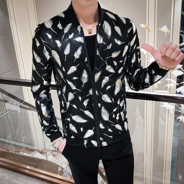 

men's jackets 2021 summer man chaqueta hombre feather print sunscreen night clothes hairstyle division jacket sociology coat, Black;brown
