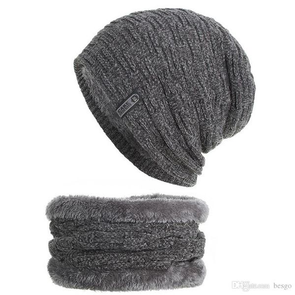 

6 colors winter men knitted wool hats with neckerchief windproof plus velvet thick hat elastic breathable soft warm party caps dh0771 t03