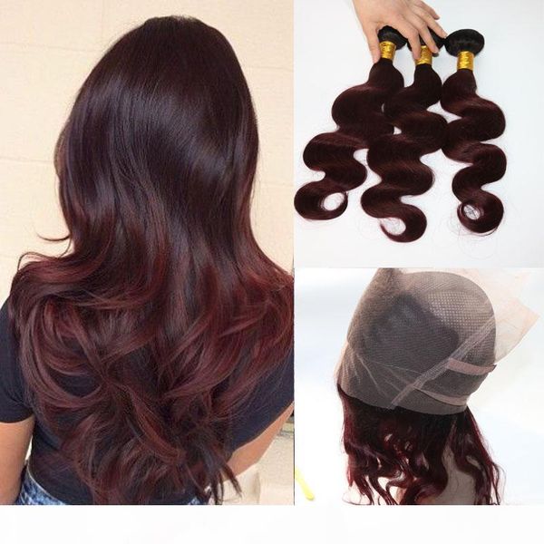 

360 lace frontal with bundles two tone dip dye burgundy 99j body wave ombre human hair weaves closure, Black;brown