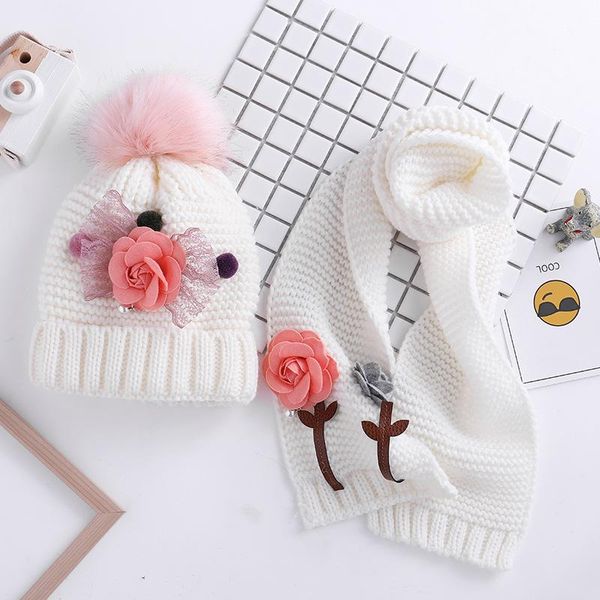 

hair accessories baby girl cute applique, children's knitting hat children thickened + scarf two sets, Slivery;white