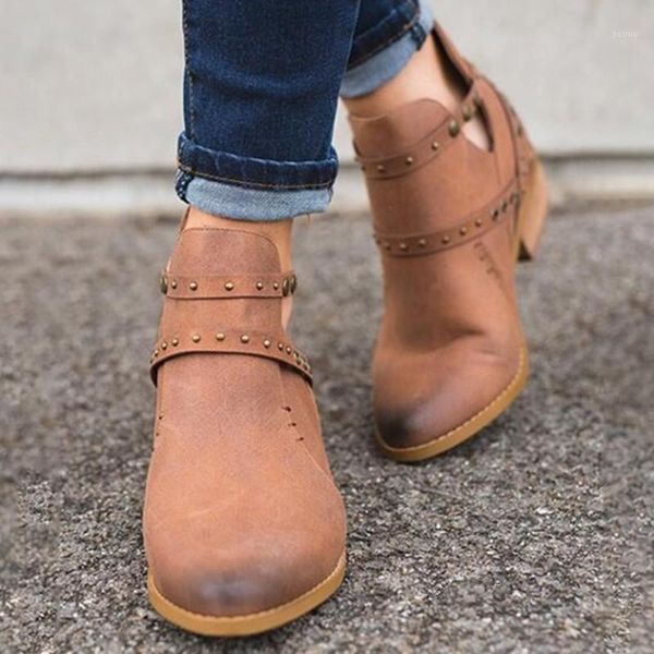 

boots women ankle spring lady's shoes zip leather casual pointed toe pu square high heels rivet punk pumps plus size 35-431, Black