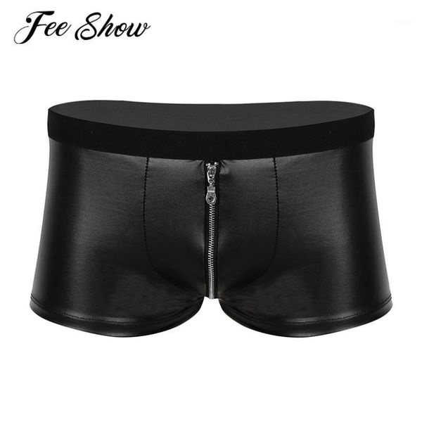 

mens lingerie wet look faux leather panties zipper bulge pouch low rise boxer shorts underwear exotic nightclub underpants1, Black;white