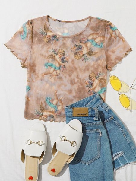 

lettuce trim angel print tie dye mesh b1fs#, White