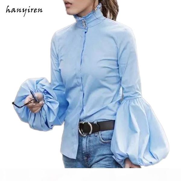 

long wide lantern sleeve blue blouse women button down blouses shirts female 2018 autumn winter fashion turtleneck d18103104, White