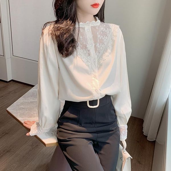 

women's blouses & shirts autumn 2021 solid stand cardigan shirt sweet style hollow out lantern sleeve blouse temperament chiffon loose, White