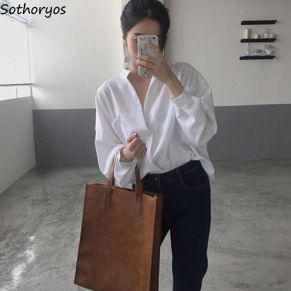 

shirts women long sleeve pockets solid v neck womens korean style simple loose elegant ladies all match leisure polyester trendy shirt, White