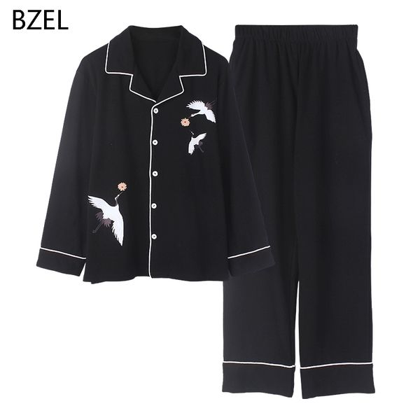 

bzel black 2pcs pajamas sets cotton sleepwear women's winter long sleeve home clothes pyjama femme lounge wear large size 201113, Black;red