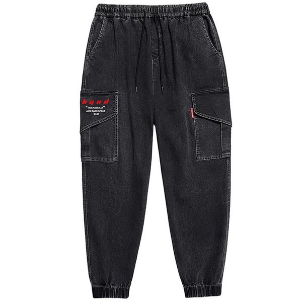 

black denim trousers men large size 6xl jeans elastic band plus fat male overalls, Blue