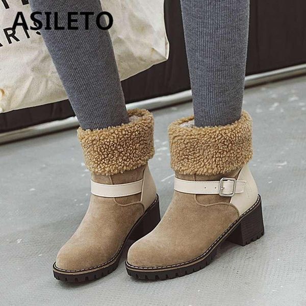 

asileto big size 32-43 winer snow boots platform bowtie square heels warm plush ankle boots buckle zipper footwear bottes botas, Black