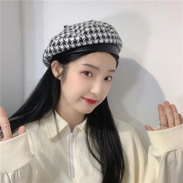 

little hat woolen thousand bird lattice beret for women's day, Blue;gray